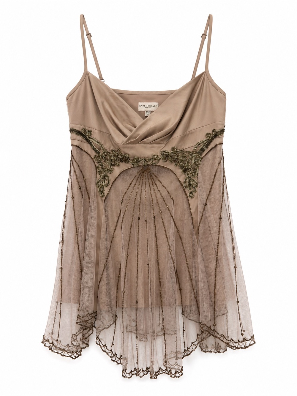 Karen Millen NEW Beaded Embellished Mesh Cowl Neck Babydoll Cami Top Sz 8 Y2K
